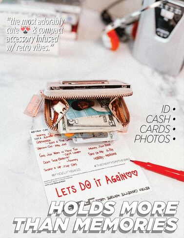 Fydelity Vegan Leather Zipper Wallet, Cassette Tape Design, Credit Card Holder, Women's Cute Wallet, Retro Wallet, Rose Gold Chrome, 70264 AA in Kuwait