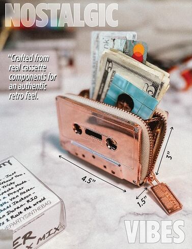 Fydelity Vegan Leather Zipper Wallet, Cassette Tape Design, Credit Card Holder, Women's Cute Wallet, Retro Wallet, Rose Gold Chrome, 70264 AA in Kuwait