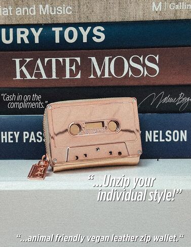 Fydelity Vegan Leather Zipper Wallet, Cassette Tape Design, Credit Card Holder, Women's Cute Wallet, Retro Wallet, Rose Gold Chrome, 70264 AA in Kuwait