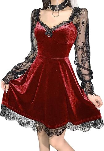 Womens Black Velvet Dress Moon Dress Long Sleeve Lace Sleeve Dress Gothic Clothes Vintage Mini Dress in Kuwait