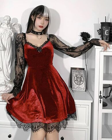 Womens Black Velvet Dress Moon Dress Long Sleeve Lace Sleeve Dress Gothic Clothes Vintage Mini Dress in Kuwait