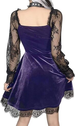 Womens Black Velvet Dress Moon Dress Long Sleeve Lace Sleeve Dress Gothic Clothes Vintage Mini Dress in Kuwait