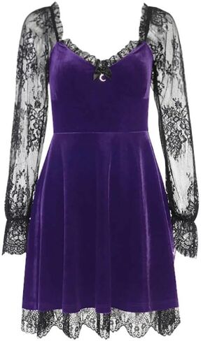 Womens Black Velvet Dress Moon Dress Long Sleeve Lace Sleeve Dress Gothic Clothes Vintage Mini Dress in Kuwait