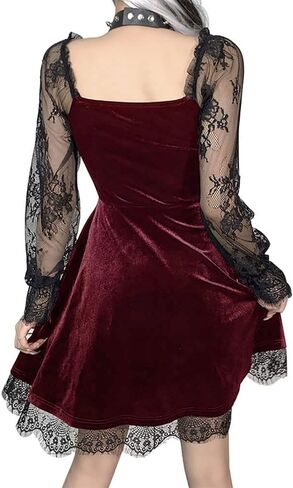 Womens Black Velvet Dress Moon Dress Long Sleeve Lace Sleeve Dress Gothic Clothes Vintage Mini Dress in Kuwait