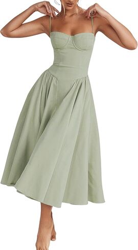 Womens Corset Dress Elegant Spaghetti Strap Midi Dress Flowy Pleated Hem Low Cut Prom Dresses Floral Bustier Dress in Kuwait