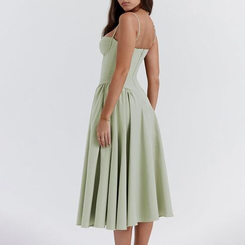 Womens Corset Dress Elegant Spaghetti Strap Midi Dress Flowy Pleated Hem Low Cut Prom Dresses Floral Bustier Dress in Kuwait