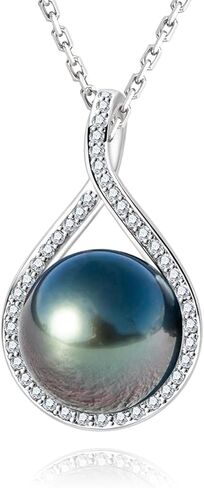 11-12MM Tahitian Black Pearl with Moissanite Pendant Necklace, AAAA Handselected Black Pearls, D Color Moissanite, 18K White Gold Plated Sterling Silver, 45+2+3mm Adjustable Chain in Kuwait