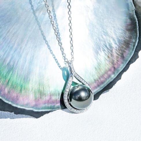 11-12MM Tahitian Black Pearl with Moissanite Pendant Necklace, AAAA Handselected Black Pearls, D Color Moissanite, 18K White Gold Plated Sterling Silver, 45+2+3mm Adjustable Chain in Kuwait