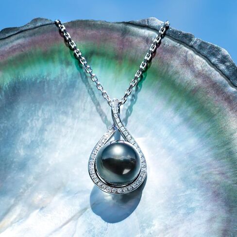 11-12MM Tahitian Black Pearl with Moissanite Pendant Necklace, AAAA Handselected Black Pearls, D Color Moissanite, 18K White Gold Plated Sterling Silver, 45+2+3mm Adjustable Chain in Kuwait