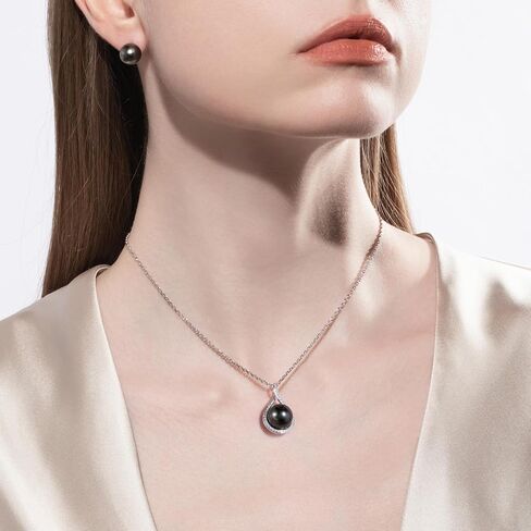 11-12MM Tahitian Black Pearl with Moissanite Pendant Necklace, AAAA Handselected Black Pearls, D Color Moissanite, 18K White Gold Plated Sterling Silver, 45+2+3mm Adjustable Chain in Kuwait