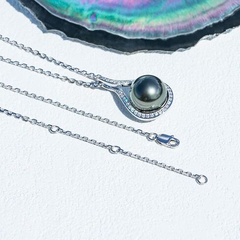 11-12MM Tahitian Black Pearl with Moissanite Pendant Necklace, AAAA Handselected Black Pearls, D Color Moissanite, 18K White Gold Plated Sterling Silver, 45+2+3mm Adjustable Chain in Kuwait