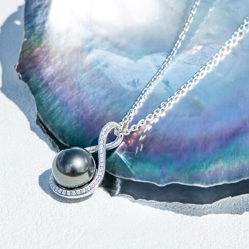 11-12MM Tahitian Black Pearl with Moissanite Pendant Necklace, AAAA Handselected Black Pearls, D Color Moissanite, 18K White Gold Plated Sterling Silver, 45+2+3mm Adjustable Chain in Kuwait