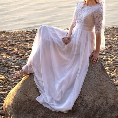 Miao Duo Women's Elegant Lace Beach Wedding Dresses for Bride 2023 with Sleeves Wedding Bridal Gowns Style01 in Saudi Arabia