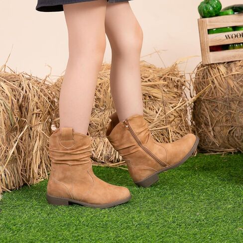Apakowa Girls Cowgirls Boots Girls Cuff Fold Western Cowboys Boots With Side Zipper Riding Shoes (Little kid/Big kid) in Saudi Arabia