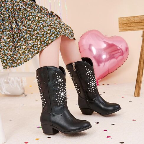 Sparkly Rhinestone Cowgirl Boots Toddler to Big Kids Mid Calf Zipper Low Heel Pointed Toes Party Birthday Dress Up in Saudi Arabia