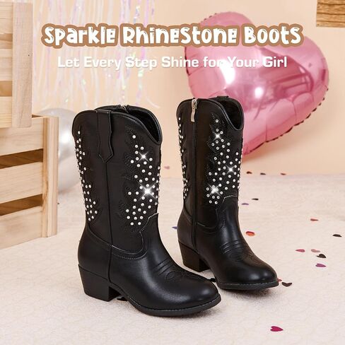 Sparkly Rhinestone Cowgirl Boots Toddler to Big Kids Mid Calf Zipper Low Heel Pointed Toes Party Birthday Dress Up in Saudi Arabia