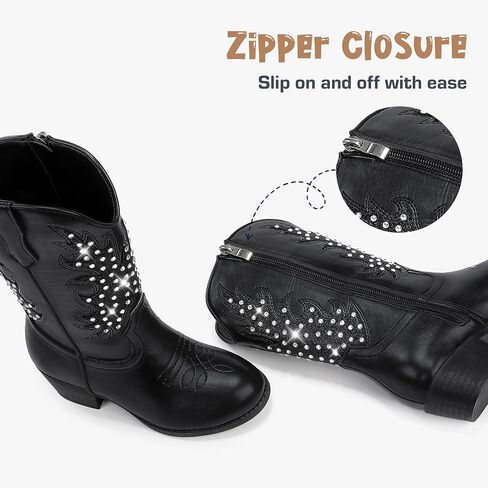 Sparkly Rhinestone Cowgirl Boots Toddler to Big Kids Mid Calf Zipper Low Heel Pointed Toes Party Birthday Dress Up in Saudi Arabia