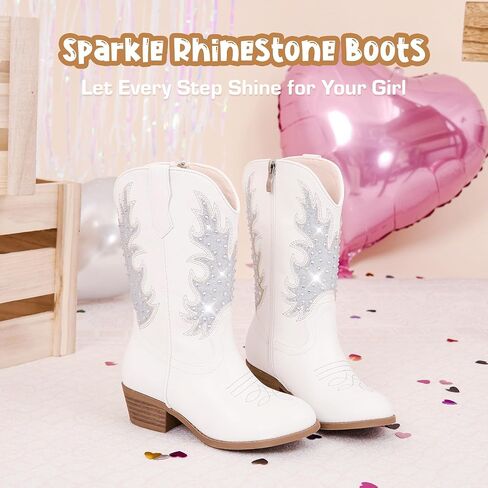 Sparkly Rhinestone Cowgirl Boots Toddler to Big Kids Mid Calf Zipper Low Heel Pointed Toes Party Birthday Dress Up in Saudi Arabia