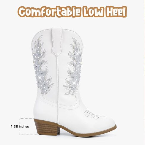 Sparkly Rhinestone Cowgirl Boots Toddler to Big Kids Mid Calf Zipper Low Heel Pointed Toes Party Birthday Dress Up in Saudi Arabia