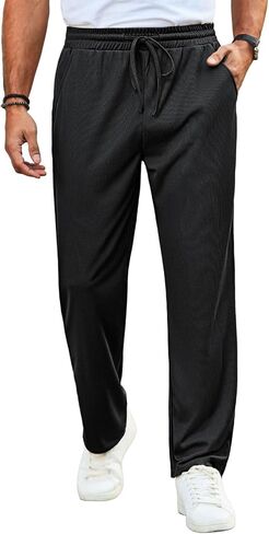 Runcati Mens Casual Pants Drawstring Elastic Waist Ribbed Sweatpants Straight Leg Loose Fit Trousers in Saudi Arabia