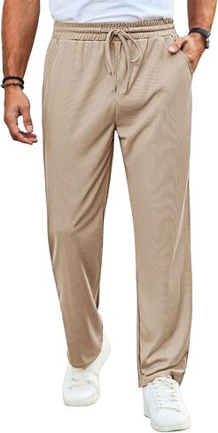 Runcati Mens Casual Pants Drawstring Elastic Waist Ribbed Sweatpants Straight Leg Loose Fit Trousers in Saudi Arabia