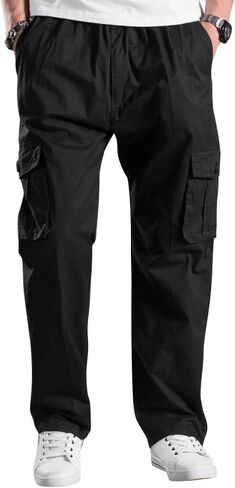 Lanesra Men's Boys Full Elastic Waist Casual Cargo Pants Relaxed Fit Lightweight Pull On Workwear Pant in Kuwait