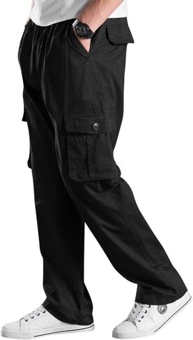 Lanesra Men's Boys Full Elastic Waist Casual Cargo Pants Relaxed Fit Lightweight Pull On Workwear Pant in Kuwait