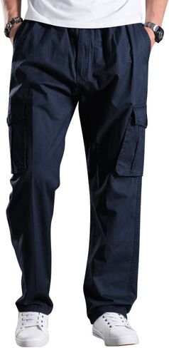 Lanesra Men's Boys Full Elastic Waist Casual Cargo Pants Relaxed Fit Lightweight Pull On Workwear Pant in Kuwait