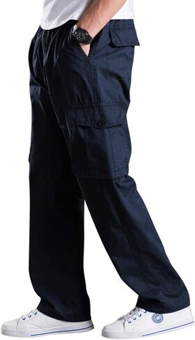 Lanesra Men's Boys Full Elastic Waist Casual Cargo Pants Relaxed Fit Lightweight Pull On Workwear Pant in Kuwait