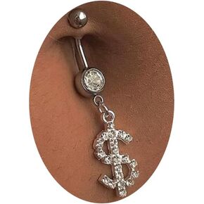 Rhinestone Dollar Sign Belly Button Ring Summer Navel Piercing Dangle Belly Button Rings Bars Bikini Waist Body Jewelry for Women (Silver)
