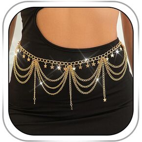 Boho Star Body Chain Gold Tassel Waist Chain Stars Pendant Belly Chains Layered Party Body Accessories for Women