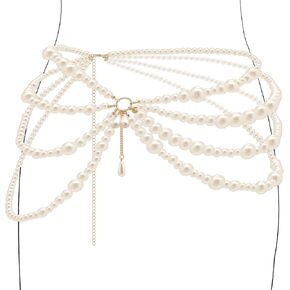 Layered Pearls Waist Chain for Women Dress Pearls Belly Chain Summer Party Bikini Body Chain (Waist Chain)