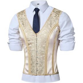Mens Corset Vest Lace Up Bones Formal Waistcoat Beige Floral Waist Trainer Dress Vest For Wedding Party