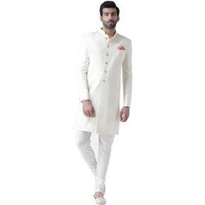 KISAH Men's White Jacquard Indowestern Sherwani & Pajama Set – Regular Fit, Mandarin Collar |Indian Ethnic Wedding & Festive Wear