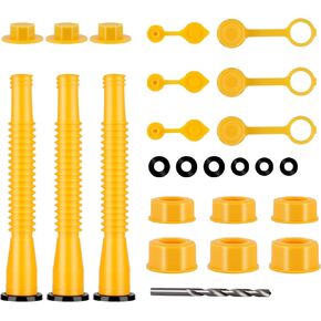 Gas Can Spout Replacement Kit, Fuel Can Spout Replacement, Flexible Pour Nozzle Fit For 1/2/5/10 Gallon Gas Cans 3 Kit-Yellow). With Nozzle, Vent caps, Rubber Gasket, Auxiliary Base Cap, Drill Bit