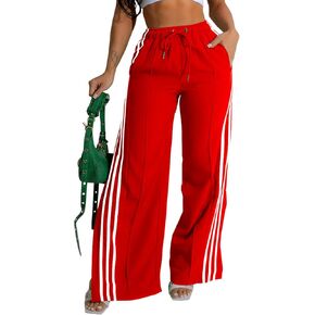 Angsuttc Wide Leg Pants Women Drawstring Side Split Sweatpants with Stripes Casual Elastic High Waist Long Pant