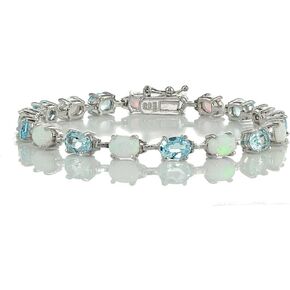 Ice Gems Sterlilng Silver Gemstone and Created White Opal 7x5mm Oval-Cut Tennis Bracelet