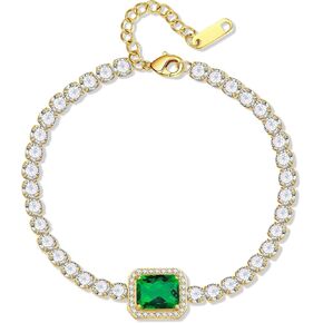Cubic Zirconia Tennis Bracelet, Dainty Gold Adjustable Bracelets with Green Diamond for Women