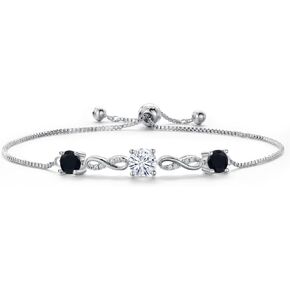 Gem Stone King Gemstone Birthstone Black Onyx and White Moissanite 3-Stone Tennis Bracelet For Women | Round 6MM and 5MM | Fully Adjustable Up to 9 Inch