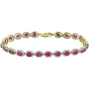 Jewelili 14K Yellow Gold Plated Sterling Silver 5x3 MM Oval Created Ruby and Round Diamond Accented Bracelet, 7.5"