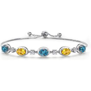 Gem Stone King 925 Sterling Silver London Blue Topaz Yellow Citrine and White Moissanite Bracelet For Women | 4.50 Cttw | Oval 7X5MM and Round 3MM | Fully Adjustable 9 Inch