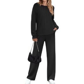 ZESICA Womens Casual Pajama sets Long Sleeve Tops Wide Leg Long Pants 2 Piece Outfits Lounge Sets with Pockets