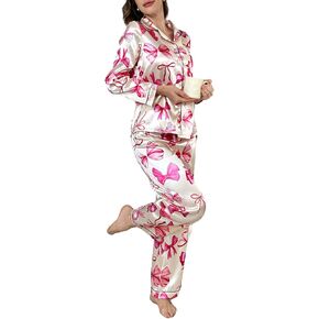 Verdusa Women's Coquette Bow Pajamas 2 Piece Satin Pajama Sets Long Sleeve Button Down Shirt and Pants Lounge Sets Sleepwear