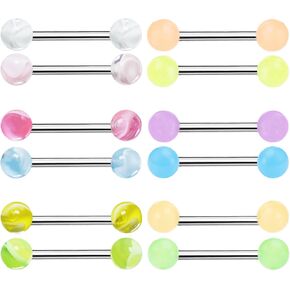 Candy Color Tongue Rings Set Ball Tongue Barbells Nipple Ring Piercing Jewellery 14G Surgical Steel Tongue Bars Clear Acrylic Plastic Nipple Rings Glow In Dark Marble Tongue Jewelry