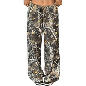 Women's Camo Pants Baggy Wide Leg Pants Camouflage Elastic Low Waist Loose Trousers Long Joggers Sweatpants Pockets