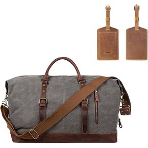S-ZONE Leather Canvas Duffel Bag and Leather Luggage Tag Bundle