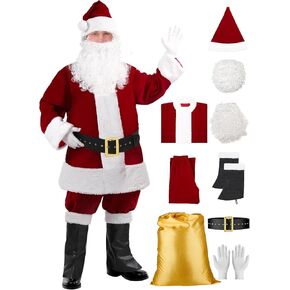 Santa Claus Costume for Men 9PCS Santa Suit Plus Size Velvet Deluxe Santa Outfit Set Xmas Cosplay
