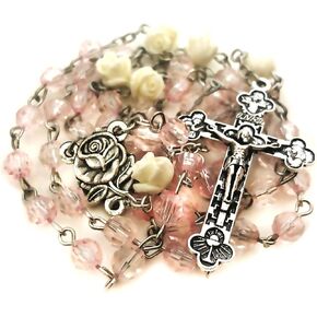 Lourdes Blush Pink Crystal Cut Cream Rose Rosary Beads Catholic for Women - Catholic Rosary - Rosarios Catolicos Para Mujer - Catholic Gifts Women - Rosario Regalos Para Mujer - Rosary Necklace for