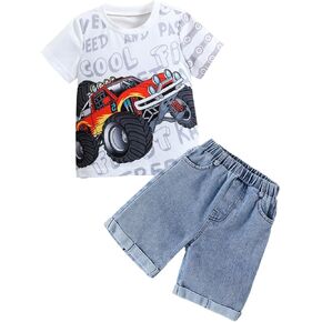 Toddler Summer Set - Car Printed Short Sleeve Shirt and Denim Shorts - Boys Short Jean Outfit (3-7 T)