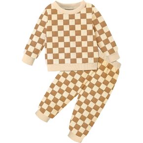 MIGU Baby Boy Clothes Outfits Fall Winter Crewneck Plaid Sweatshirt And Pants Sweatsuit 2 Piece